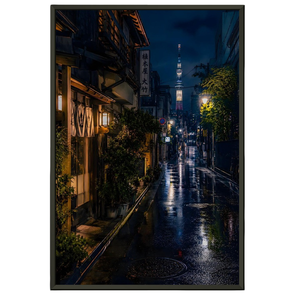 Rainy Asakusa Nights with Tokyo Tower – Ready-to-Hang Metal Framed Poster