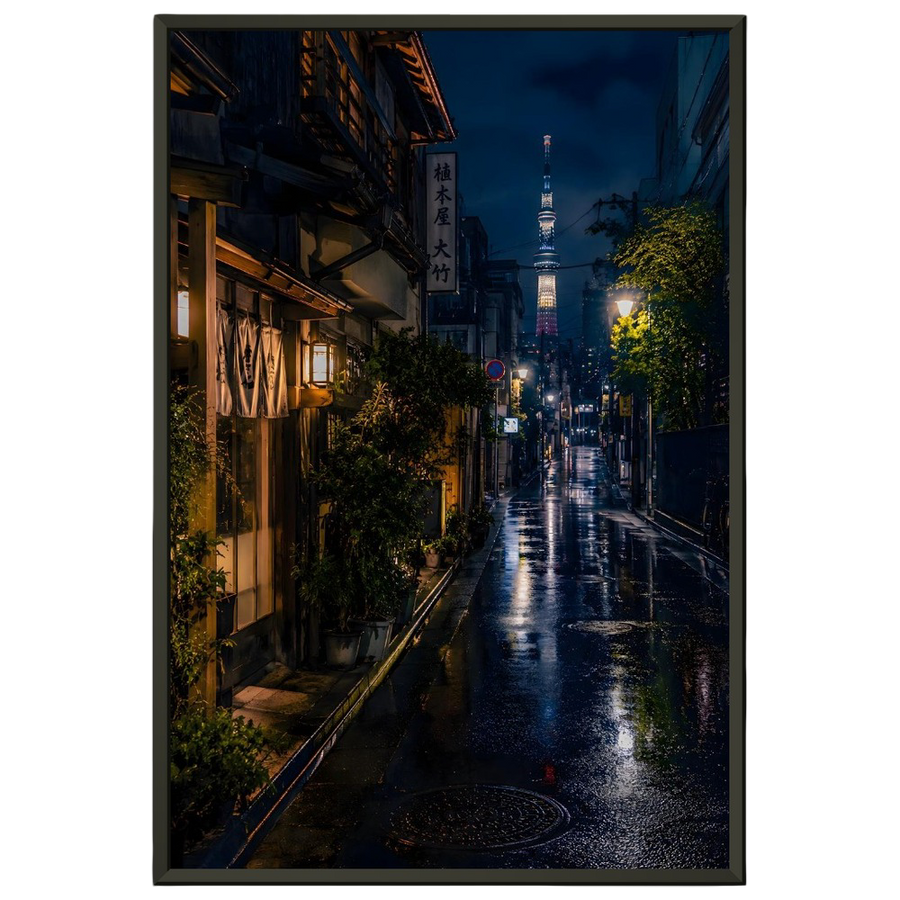 Rainy Asakusa Nights with Tokyo Tower – Ready-to-Hang Metal Framed Poster