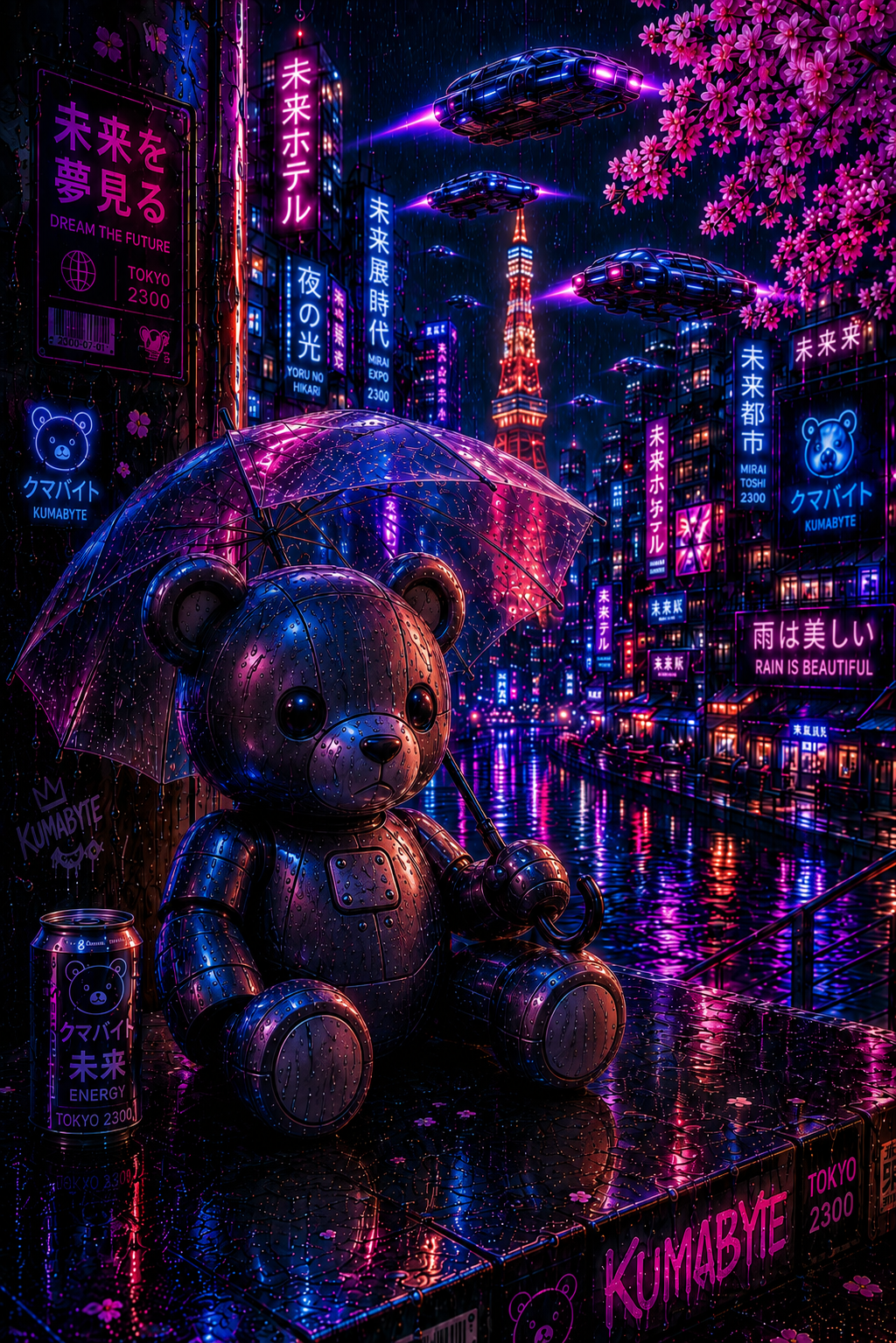 KumaByte Robot Bear in Neon Tokyo Poster – Premium Semi-Gloss