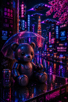 KumaByte Robot Bear in Neon Tokyo Poster – Premium Semi-Gloss