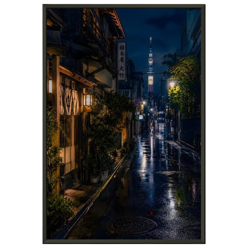 Rainy Asakusa Nights with Tokyo Tower – Ready-to-Hang Metal Framed Poster