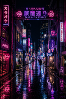 Rainy Neon Harajuku Takeshita Street Poster – Premium Semi-Gloss