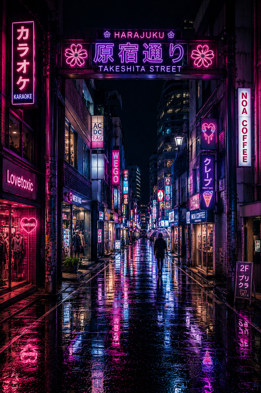 Rainy Neon Harajuku Takeshita Street Poster – Premium Semi-Gloss