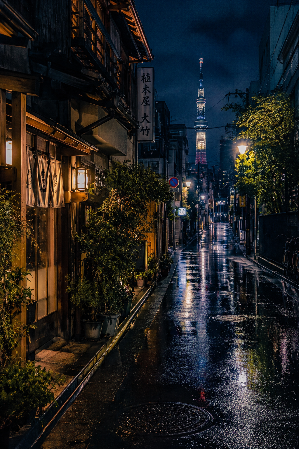 Rainy Asakusa and Tokyo Tower premium semi-gloss poster showing lantern-lit Asakusa streets with Tokyo Tower in the rain