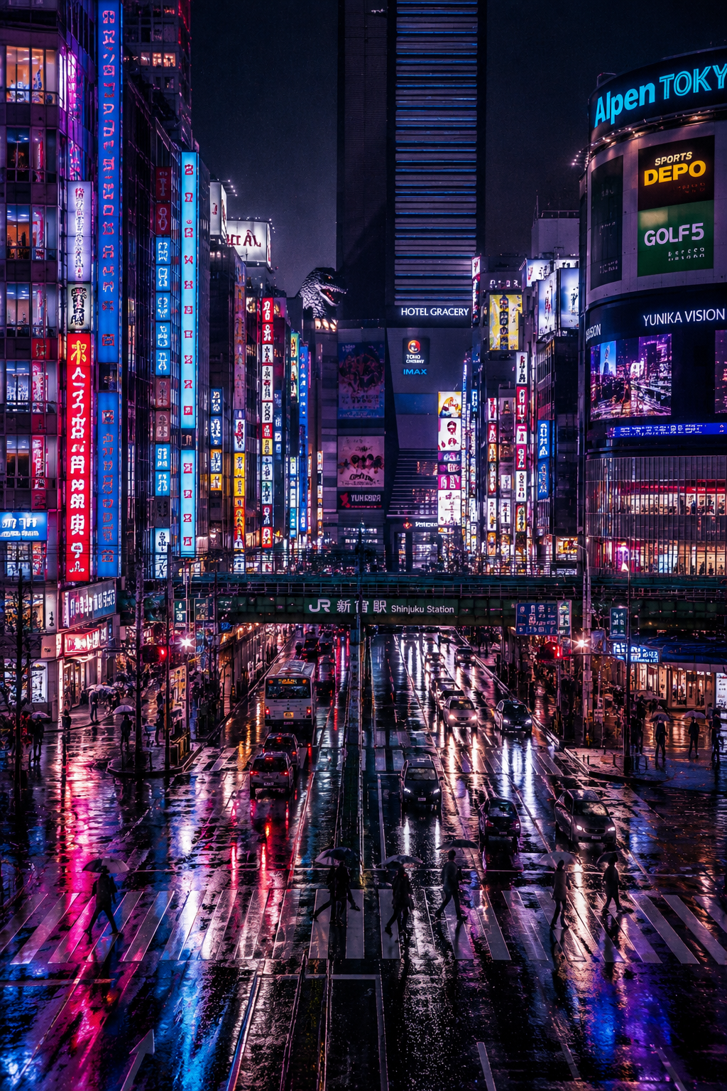 Rainy Shinjuku Crossing premium semi-gloss poster showing neon signs, umbrellas, and wet street reflections