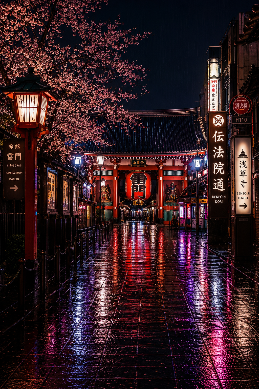 Rainy Neon Asakusa Kaminarimon Gate at Night – Premium Semi-Gloss Poster