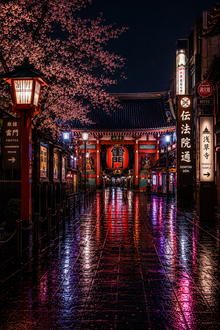 Rainy Neon Asakusa Kaminarimon Gate at Night – Premium Semi-Gloss Poster