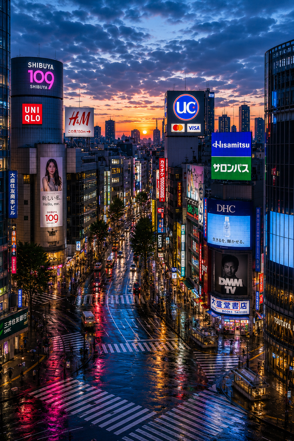 Shibuya Crossing at 5AM – Rainy Neon Tokyo Sunrise Premium Semi-Gloss Poster