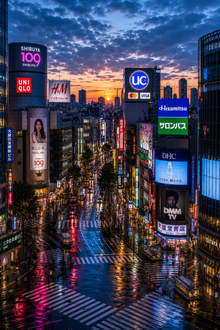 Shibuya Crossing at 5AM – Rainy Neon Tokyo Sunrise Premium Semi-Gloss Poster