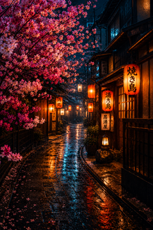 Rainy Kyoto Cherry Blossoms & Orange Lanterns – Premium Semi-Gloss Poster