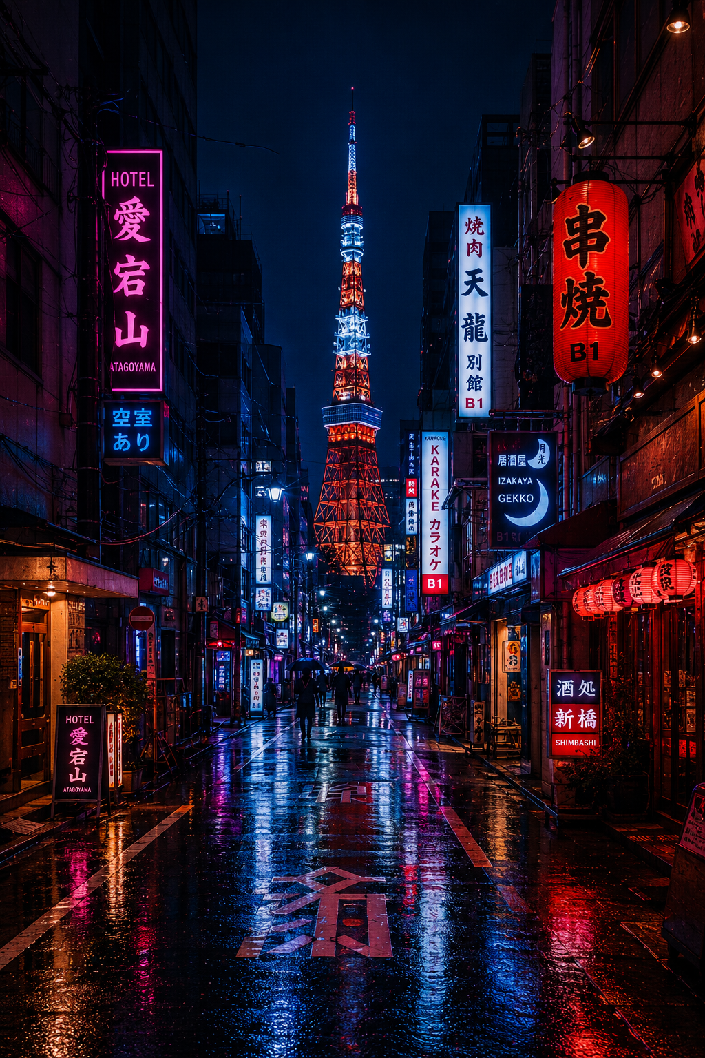 Rainy Neon Tokyo Tower Alley Poster – Premium Semi-Gloss