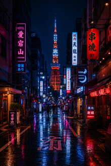 Rainy Neon Tokyo Tower Alley Poster – Premium Semi-Gloss