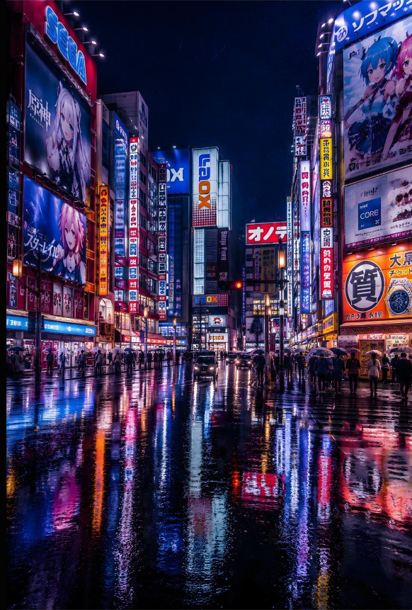Rainy Neon Akihabara Night premium semi-gloss poster showing anime billboards, electric signs, and rain-soaked streets
